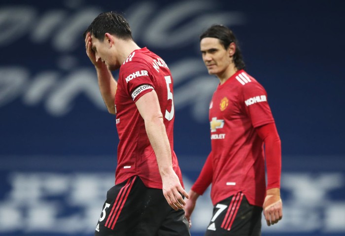 WEST BROMWICH, ENGLAND - FEBRUARY 14: Harry Maguire of Manchester United reacts during the Premier League match between West Bromwich Albion and Manchester United at The Hawthorns on February 14, 2021 in West Bromwich, England. Sporting stadiums around the UK remain under strict restrictions due to the Coronavirus Pandemic as Government social distancing laws prohibit fans inside venues resulting in games being played behind closed doors. (Photo by Nick Potts - Pool/Getty Images)