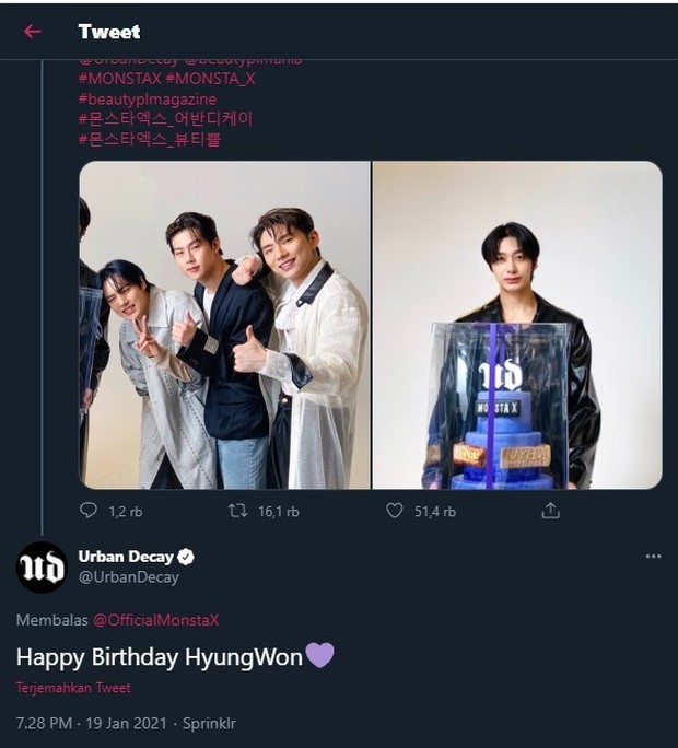 Urban Decay memberi ucapan untuk Hyungwon Twitter resmi Urban Decay memberi ucapan selamat ulang tahun untuk Hyungwon dalam reply tweet Monsta X