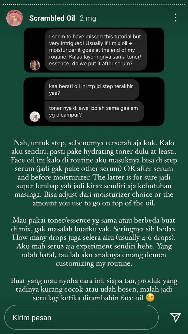 Scramble Oil bisa dipakai pada urutan serum/instagram.com/kaepratiwi