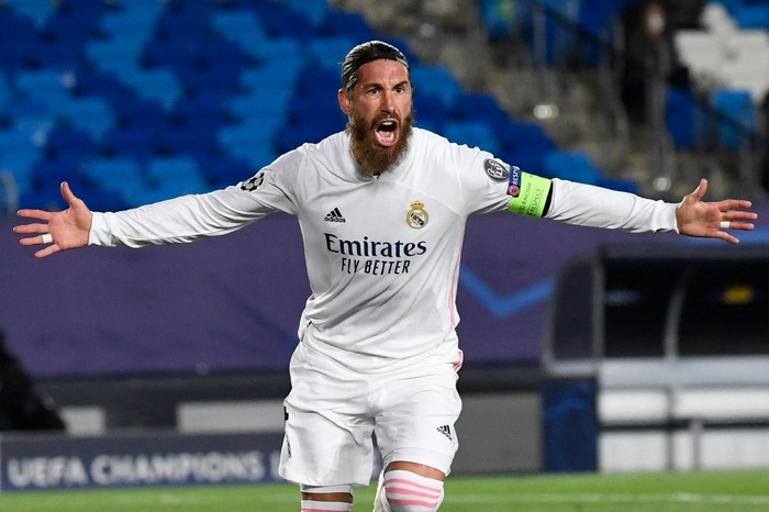 Sergio Ramos Real Madrid's Spanish defender Sergio Ramos celebrates his goal during the UEFA Champions League group B football match between Real Madrid and Inter Milan at the Alfredo di Stefano stadium in Valdebebas, on the outskirts of Madrid, on November 3, 2020. (Photo by PIERRE-PHILIPPE MARCOU / AFP)