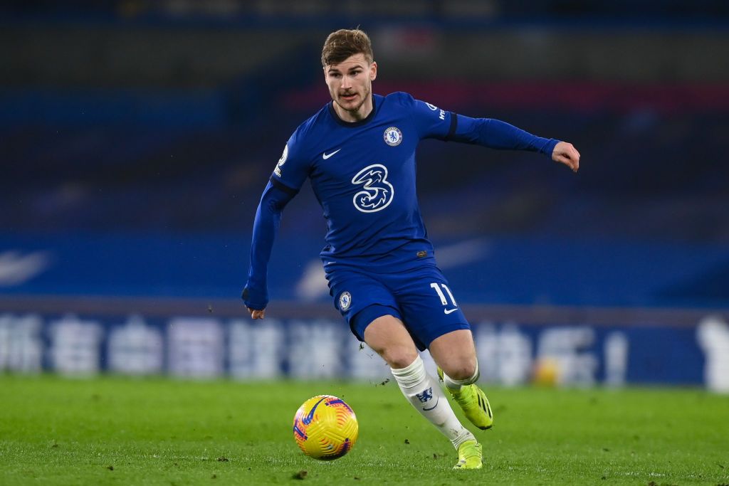 LONDON, ENGLAND - FEBRUARY 15: Timo Werner of Chelsea in action during the Premier League match between Chelsea and Newcastle United at Stamford Bridge on February 15, 2021 in London, England. Sporting stadiums around the UK remain under strict restrictions due to the Coronavirus Pandemic as Government social distancing laws prohibit fans inside venues resulting in games being played behind closed doors. (Photo by Mike Hewitt/Getty Images)