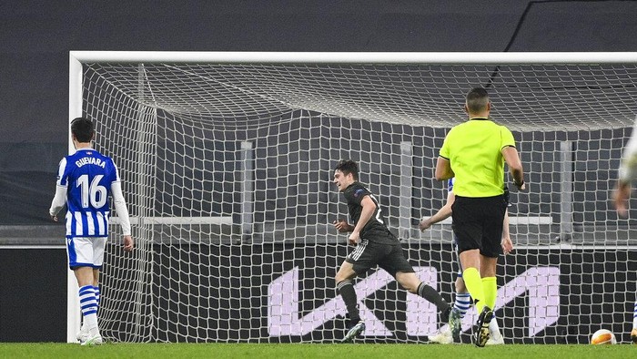 Manchesters Daniel James celebrates after scoring his sides 4th goal during the Europa League, round of 32, first-leg soccer match between Real Sociedad and Manchester United, at the Allianz Stadium in Turin, Italy, Thursday, Feb. 18, 2021. (Marco Alpozzi/LaPresse via AP)