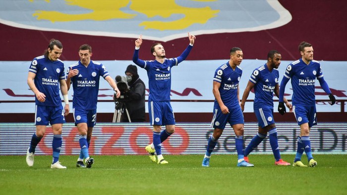BIRMINGHAM, ENGLAND - FEBRUARY 21: James Maddison of Leicester City celebrates after scoring their sides first goal during the Premier League match between Aston Villa and Leicester City at Villa Park on February 21, 2021 in Birmingham, England. Sporting stadiums around the UK remain under strict restrictions due to the Coronavirus Pandemic as Government social distancing laws prohibit fans inside venues resulting in games being played behind closed doors. (Photo by Rui Vieira - Pool/Getty Images)