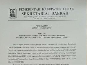 25 Pegawai Setda Positif COVID-19, Kantor Pemkab Lebak Tutup 25 Pegawai Setda Positif COVID-19, Kantor Pemkab Lebak Tutup