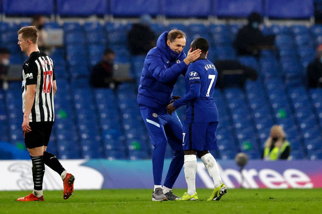 LONDON, ENGLAND - FEBRUARY 15: Thomas Tuchel, Manager of Chelsea embraces Ngolo Kante of Chelsea following the Premier League match between Chelsea and Newcastle United at Stamford Bridge on February 15, 2021 in London, England. Sporting stadiums around the UK remain under strict restrictions due to the Coronavirus Pandemic as Government social distancing laws prohibit fans inside venues resulting in games being played behind closed doors. (Photo by Adrian Dennis - Pool/Getty Images)