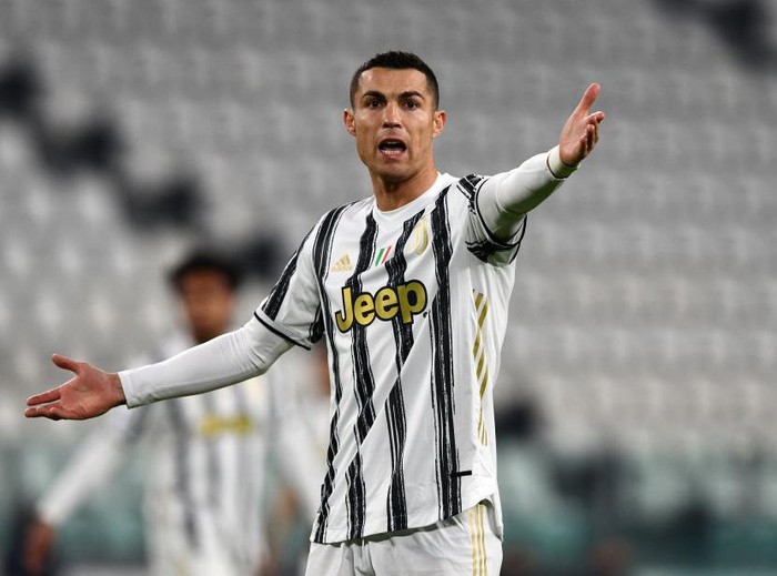 TURIN, ITALY - FEBRUARY 22: Cristiano Ronaldo of Juventus reacts during the Serie A match between Juventus and FC Crotone at Allianz Stadium on February 22, 2021 in Turin, Italy. Sporting stadiums around Italy remain under strict restrictions due to the Coronavirus Pandemic as Government social distancing laws prohibit fans inside venues resulting in games being played behind closed doors. (Photo by Chris Ricco/Getty Images)