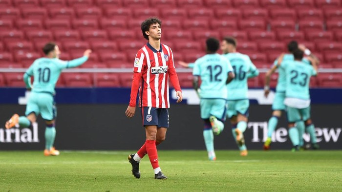 MADRID, SPAIN - FEBRUARY 20: Joao Felix of Atletico de Madrid reacts after conceding their sides first goal, scored by Jose Luis Morales of Levante UD during the La Liga Santander match between Atletico de Madrid and Levante UD at Estadio Wanda Metropolitano on February 20, 2021 in Madrid, Spain. Sporting stadiums around Spain remain under strict restrictions due to the Coronavirus Pandemic as Government social distancing laws prohibit fans inside venues resulting in games being played behind closed doors. (Photo by Denis Doyle/Getty Images)