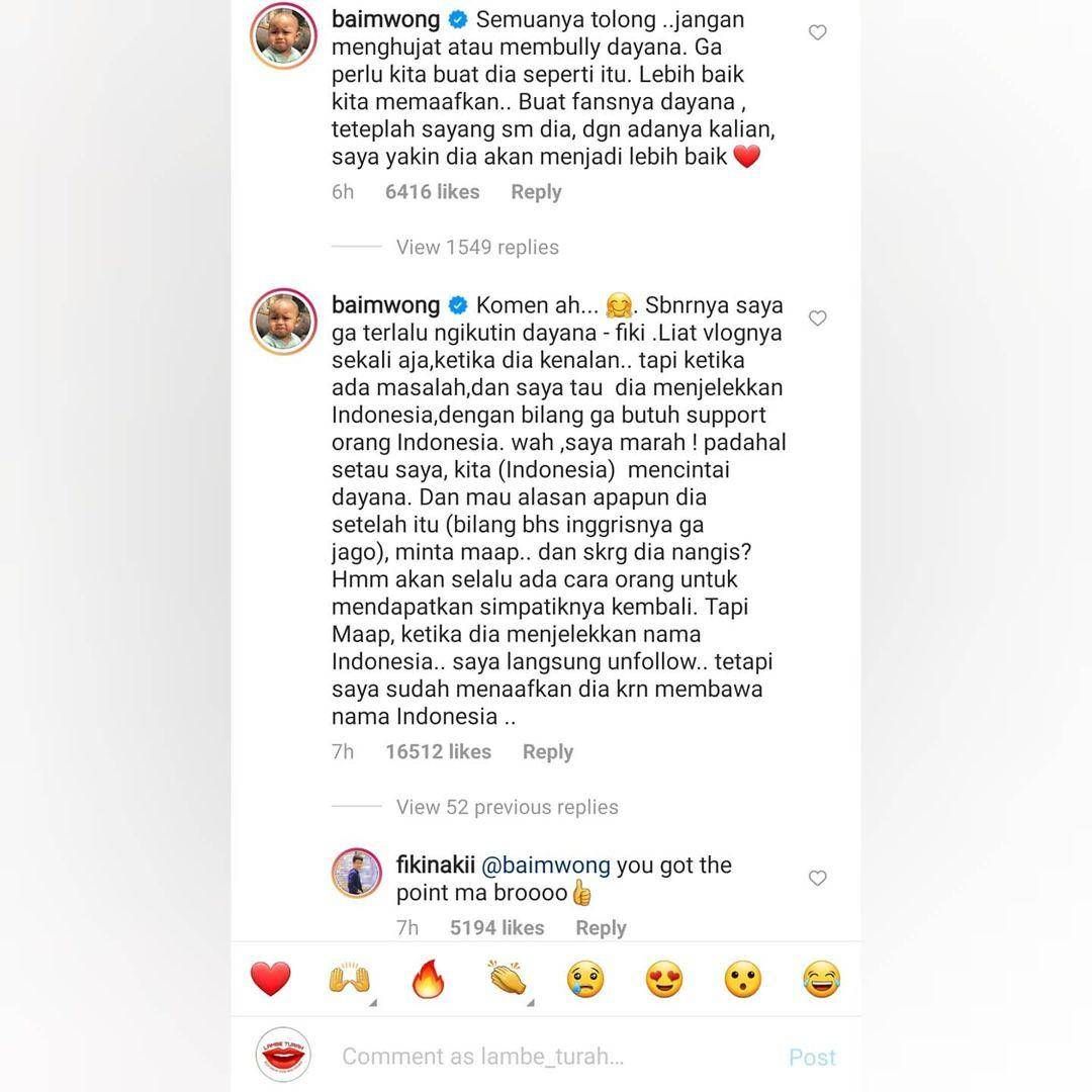 Baim Wong di kolom komentar Fiki Naki
