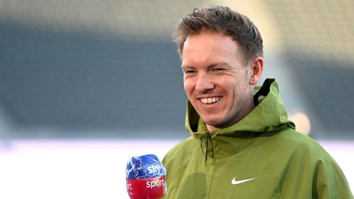 BERLIN, GERMANY - FEBRUARY 21: Julian Nagelsmann, Head Coach of RB Leipzig talks to the media prior to the Bundesliga match between Hertha BSC and RB Leipzig at Olympiastadion on February 21, 2021 in Berlin, Germany. Sporting stadiums around Germany remain under strict restrictions due to the Coronavirus Pandemic as Government social distancing laws prohibit fans inside venues resulting in games being played behind closed doors. (Photo by Pool/Filip Singer - Pool/Getty Images)