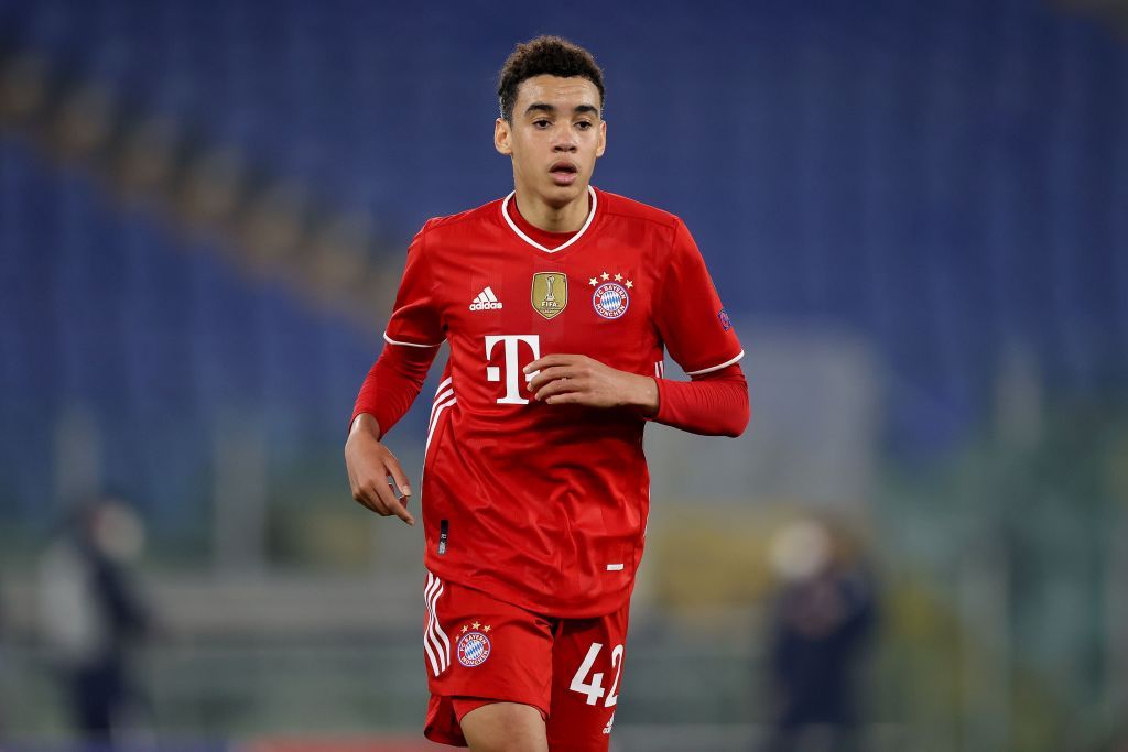 ROME, ITALY - FEBRUARY 23: Jamal Musiala of FC Bayern München looks on goal during the UEFA Champions League Round of 16 match between Lazio Roma and Bayern München at Olimpico Stadium on February 23, 2021 in Rome, Italy. (Photo by Alexander Hassenstein/Getty Images)