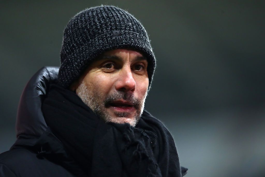 SWANSEA, WALES - FEBRUARY 10: Pep Guardiola, Manager of Manchester City reacts during a  during The Emirates FA Cup Fifth Round match between Swansea City and Manchester City at Liberty Stadium on February 10, 2021 in Swansea, Wales. Sporting stadiums around the UK remain under strict restrictions due to the Coronavirus Pandemic as Government social distancing laws prohibit fans inside venues resulting in games being played behind closed doors. (Photo by Michael Steele/Getty Images)