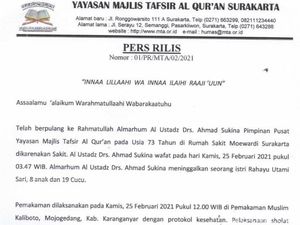 Jenazah Pimpinan MTA Ahmad Sukina Akan Dimakamkan dengan Protokol Kesehatan