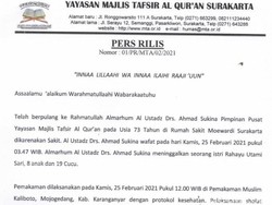 Jenazah Pimpinan MTA Ahmad Sukina Akan Dimakamkan dengan Protokol Kesehatan