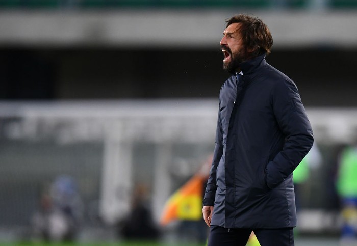 VERONA, ITALY - FEBRUARY 27: Andrea Pirlo, Head Coach of Juventus shouts instructions during the Serie A match between Hellas Verona FC and Juventus at Stadio Marcantonio Bentegodi on February 27, 2021 in Verona, Italy. Sporting stadiums around Italy remain under strict restrictions due to the Coronavirus Pandemic as Government social distancing laws prohibit fans inside venues resulting in games being played behind closed doors. (Photo by Alessandro Sabattini/Getty Images )