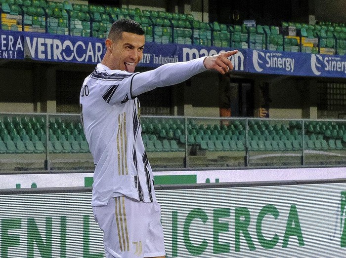 Cristiano Ronaldo celebrates his 0-1 goal during the Italian Serie A soccer match between Verona and Juventus at the Bentegodi stadium in Verona, Italy, on Saturday, Feb. 27, 2021. (Paola Garbuio/LaPresse via AP)