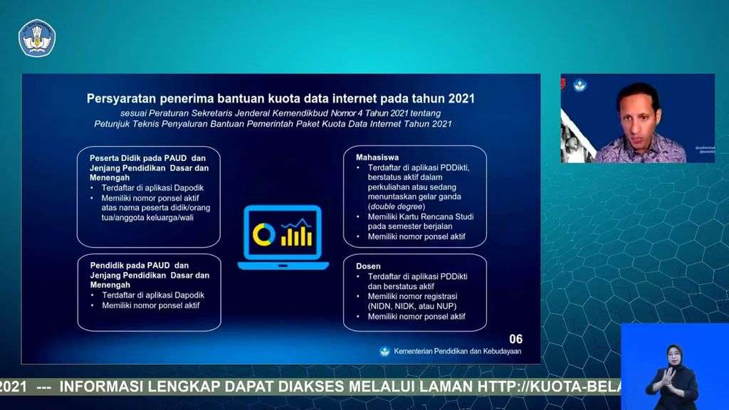 Mendikbud Nadiem Makarim menjelaskan terkait penerima bantuan kuota internet Kemendikbud 2021.