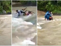 Viral Video Guru Honorer Tercebur Saat Terobos Sungai di Sukabumi