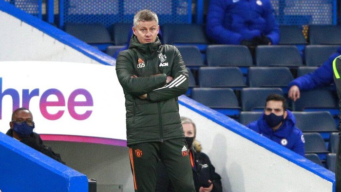 Manchester Uniteds manager Ole Gunnar Solskjaer during the English Premier League soccer match between Chelsea and Manchester United at Stamford Bridge Stadium in London, England, Sunday, Feb. 28, 2021. (AP Photo/Ian Walton, Pool)
