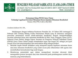 Ini Pernyataan Resmi PWNU Jatim Tolak Perpres Investasi Miras