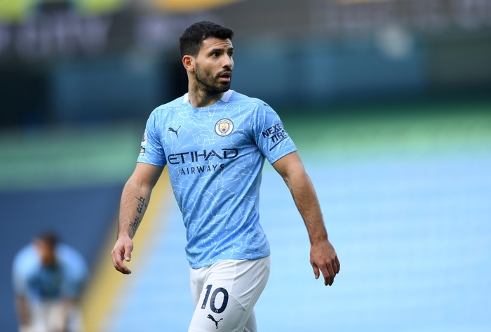 Sergio Aguero MANCHESTER, ENGLAND - FEBRUARY 27: Sergio Agüero of Manchester City during the Premier League match between Manchester City and West Ham United at Etihad Stadium on February 27, 2021 in Manchester, England. Sporting stadiums around the UK remain under strict restrictions due to the Coronavirus Pandemic as Government social distancing laws prohibit fans inside venues resulting in games being played behind closed doors. (Photo by Gareth Copley/Getty Images)