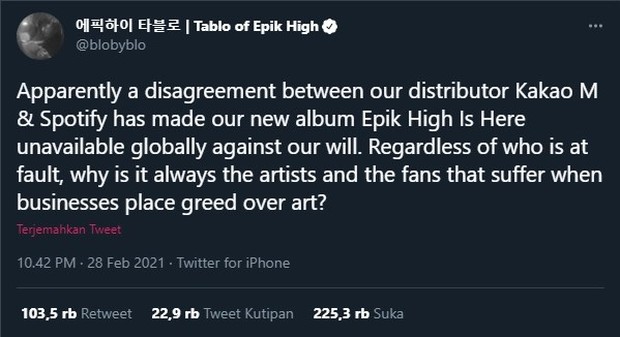 Tweet Tablo Epik High Tablo Epik High ikut menanggapi fenomena hilangnya beberapa lagu Korea di Spotify