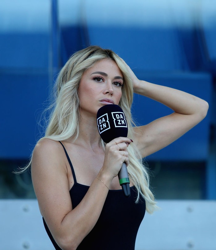 Diletta Leotta ROME, ITALY - JULY 04: TV speaker Diletta Leotta looks on during the Serie A match between SS Lazio and AC Milan at Stadio Olimpico on July 4, 2020 in Rome, Italy. (Photo by Paolo Bruno/Getty Images)