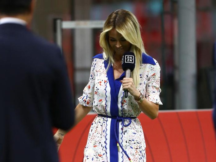 MILAN, ITALY - JULY 18:  Diletta Leotta of DAZN kicks a ball before the Serie A match between AC Milan and Bologna FC at Stadio Giuseppe Meazza on July 18, 2020 in Milan, Italy.  (Photo by Marco Luzzani/Getty Images)