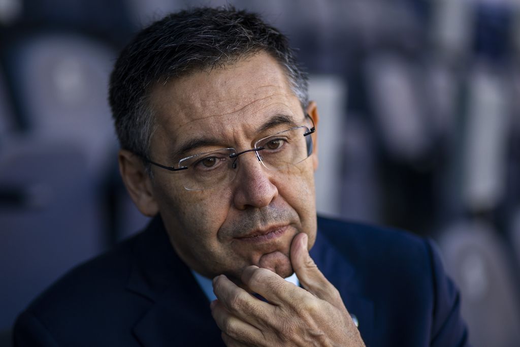 FILE - In this Nov. 8, 2019, file photo, President of FC Barcelona Josep Bartomeu pauses during and interview with the Associated Press at the Camp Nou stadium in Barcelona, Spain. Spanish police entered Barcelona's stadium on Monday March 1, 2021 and detained some people in a search and seize operation related to an investigation into club officials. The operation was related to last year's 
