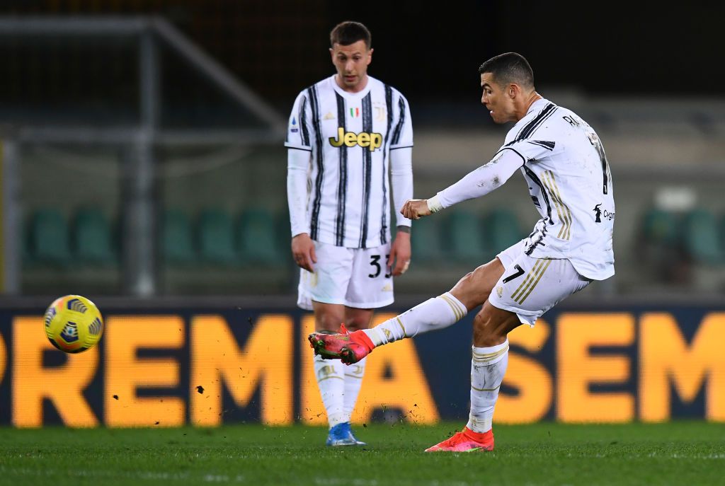 TURIN, ITALY - MARCH 02: Cristiano Ronaldo of Juventus looks on  during the Serie A match between Juventus and Spezia Calcio at Allianz Stadium on March 02, 2021 in Turin, Italy. Sporting stadiums around the Italy remain under strict restrictions due to the Coronavirus Pandemic as Government social distancing laws prohibit fans inside venues resulting in games being played behind closed doors. (Photo by Valerio Pennicino/Getty Images)