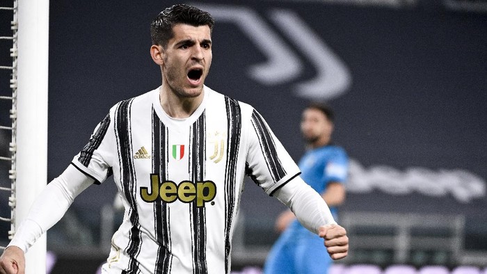 Juventus Alvaro Morata celebrates after scoring during the Italian Serie A soccer match between Juventus and Spezia at the Allianz Stadium in Torino, Italy, Tuesday, March 2, 2021. (Marco Alpozzi/LaPresse via AP)