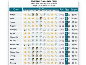BMKG Sebut Hujan Disertai Petir Diperkirakan Terjadi di 16 Daerah Jatim