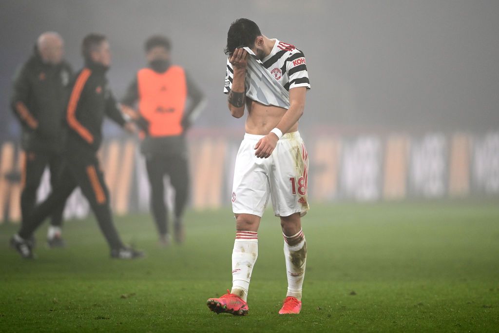 LONDON, ENGLAND - MARCH 03: Bruno Fernandes of Manchester United looks dejected after the Premier League match between Crystal Palace and Manchester United at Selhurst Park on March 03, 2021 in London, England. Sporting stadiums around the UK remain under strict restrictions due to the Coronavirus Pandemic as Government social distancing laws prohibit fans inside venues resulting in games being played behind closed doors. (Photo by Mike Hewitt/Getty Images)