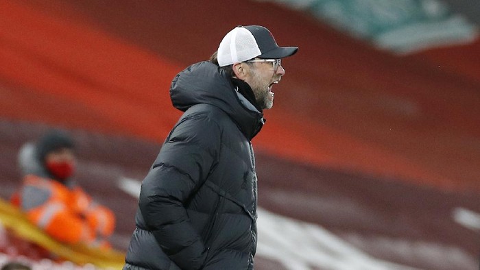 Liverpools manager Jurgen Klopp gives instructions during the English Premier League soccer match between Liverpool and Chelsea at Anfield stadium in Liverpool, England, Thursday, March 4, 2021. (Phil Noble, Pool via AP)