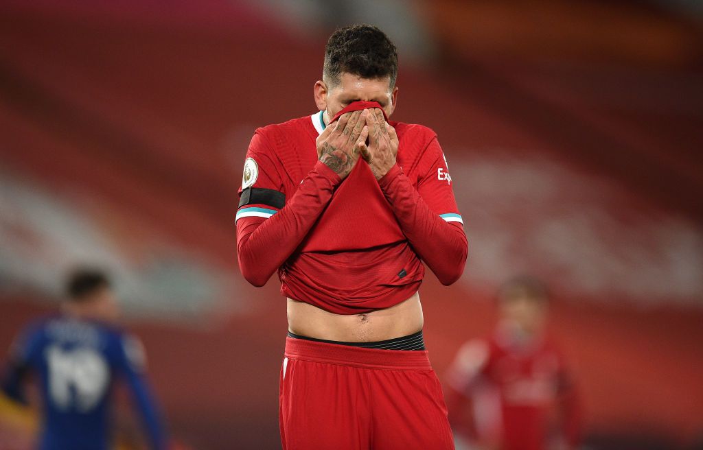 LIVERPOOL, ENGLAND - MARCH 04: Roberto Firmino of Liverpool reacts during the Premier League match between Liverpool and Chelsea at Anfield on March 04, 2021 in Liverpool, England. Sporting stadiums around the UK remain under strict restrictions due to the Coronavirus Pandemic as Government social distancing laws prohibit fans inside venues resulting in games being played behind closed doors. (Photo by Oli Scarff - Pool/Getty Images)