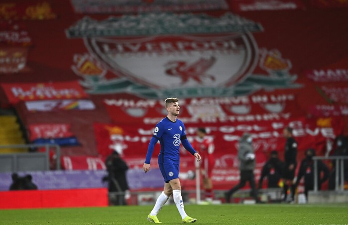 Chelseas Timo Werner walks during the English Premier League soccer match between Liverpool and Chelsea at Anfield stadium in Liverpool, England, Thursday, March 4, 2021. (Laurence Griffiths, Pool via AP)