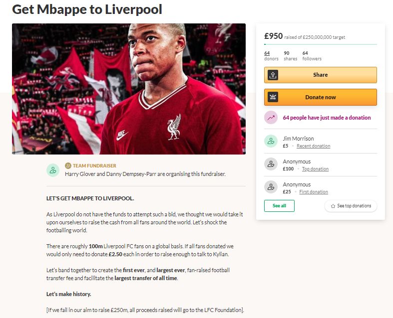 Penggemar Liverpool membuka penggalangan dana untuk pembelian Kylian Mbappe ke Anfield via laman GoFundMe.