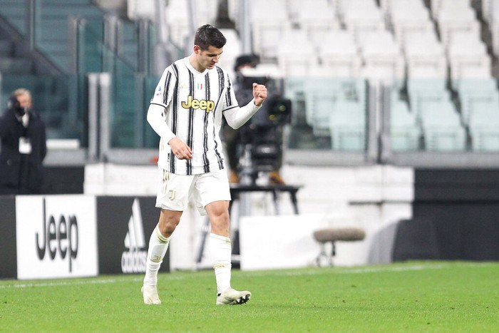 Juventus Alvaro Morata celebrates scoring his teams second goal, during a Serie A soccer match between Juventus and Lazio, in Turin’s Allianz Stadium, Italy, Saturday, March 6, 2021. (Tano Pecoraro/LaPresse via AP)