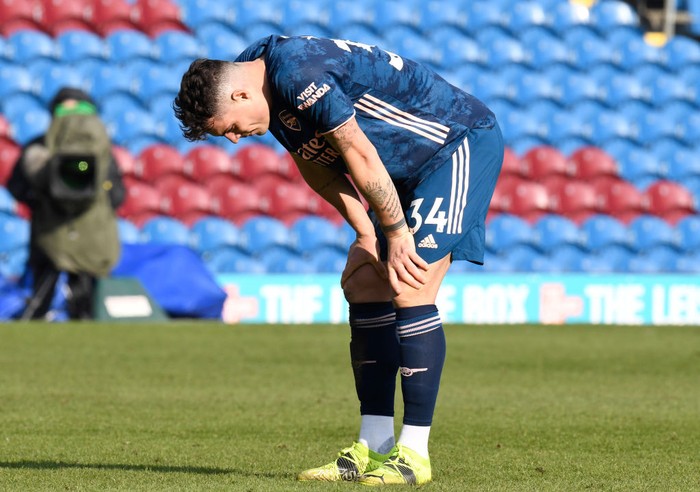 BURNLEY, ENGLAND - MARCH 06: Granit Xhaka of Arsenal looks dejected following the Premier League match between Burnley and Arsenal at Turf Moor on March 06, 2021 in Burnley, England. Sporting stadiums around the UK remain under strict restrictions due to the Coronavirus Pandemic as Government social distancing laws prohibit fans inside venues resulting in games being played behind closed doors. (Photo by Peter Powell - Pool/Getty Images)