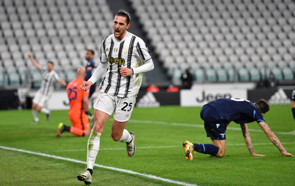 TURIN, ITALY - MARCH 06: Alvaro Morata of Juventus celebrates with Adrien Rabiot after scoring their team's third goal from the penalty spot during the Serie A match between Juventus and SS Lazio at Allianz Stadium on March 06, 2021 in Turin, Italy. Sporting stadiums around Italy remain under strict restrictions due to the Coronavirus Pandemic as Government social distancing laws prohibit fans inside venues resulting in games being played behind closed doors. (Photo by Valerio Pennicino/Getty Images)