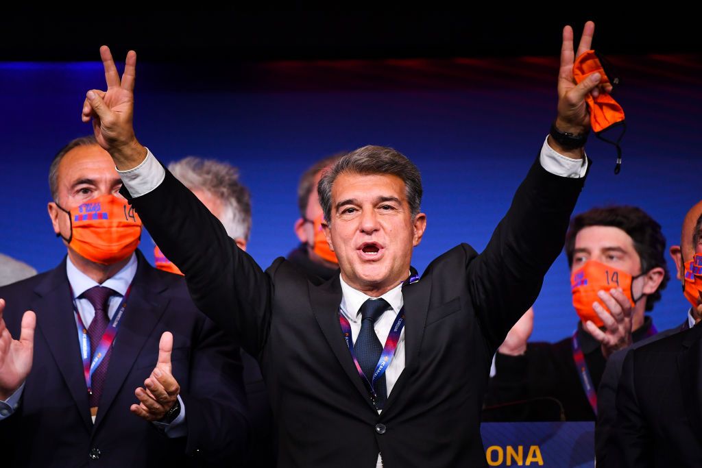 BARCELONA, SPAIN - MARCH 07: New FC Barcelona President Joan Laporta celebrates during a press conference following his victory in the FC Barcelona President Elections at Camp Nou on March 07, 2021 in Barcelona, Spain. (Photo by David Ramos/Getty Images)