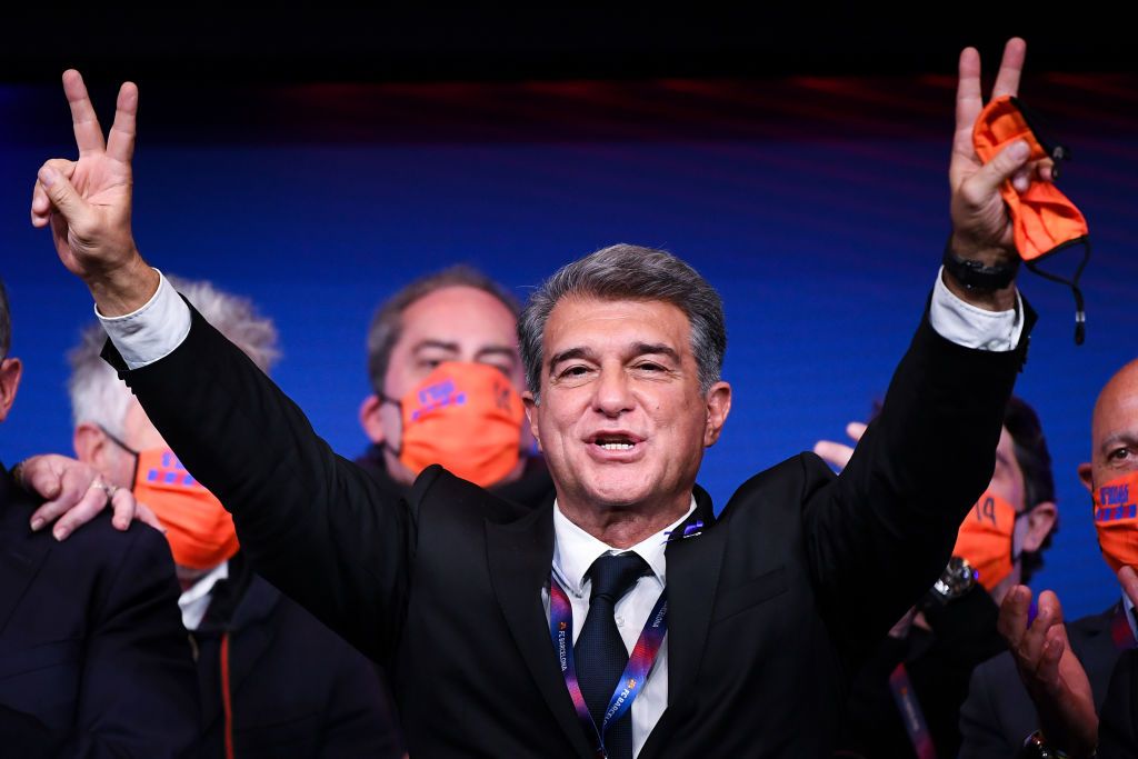 BARCELONA, SPAIN - MARCH 07: New FC Barcelona President Joan Laporta celebrates during a press conference following his victory in the FC Barcelona President Elections at Camp Nou on March 07, 2021 in Barcelona, Spain. (Photo by David Ramos/Getty Images)