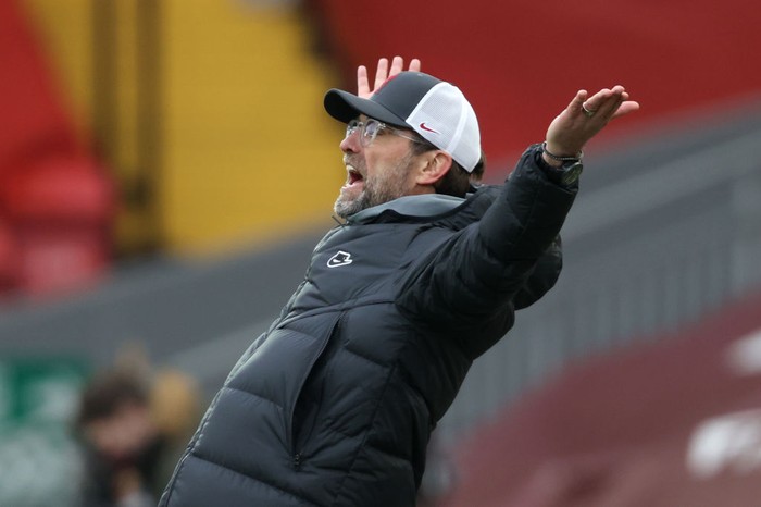 LIVERPOOL, ENGLAND - MARCH 07: Jurgen Klopp, Manager of Liverpool reacts during the Premier League match between Liverpool and Fulham at Anfield on March 07, 2021 in Liverpool, England. Sporting stadiums around the UK remain under strict restrictions due to the Coronavirus Pandemic as Government social distancing laws prohibit fans inside venues resulting in games being played behind closed doors. (Photo by Clive Brunskill/Getty Images)