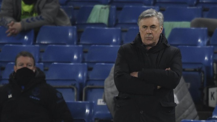 Evertons manager Carlo Ancelotti reacts during the English Premier League soccer match between Chelsea and Everton at the Stamford Bridge stadium in London, Monday, March 8, 2021. (Glyn Kirk/Pool via AP)