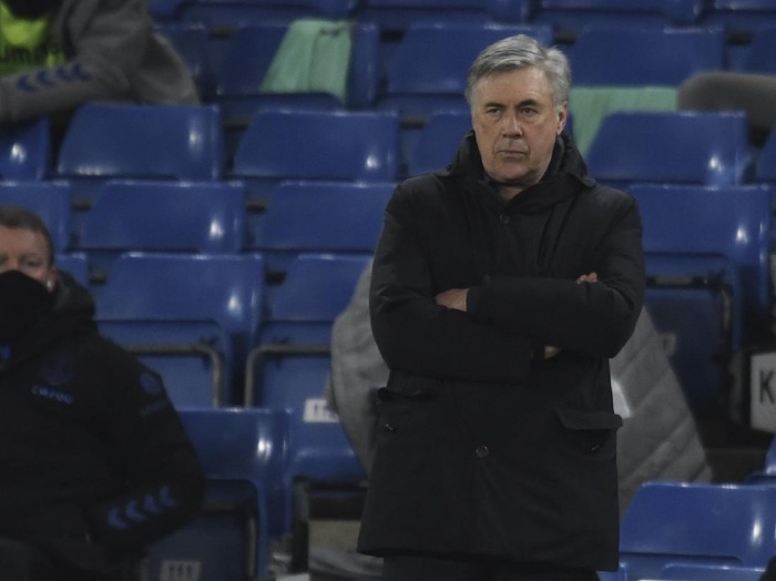 Everton's manager Carlo Ancelotti reacts during the English Premier League soccer match between Chelsea and Everton at the Stamford Bridge stadium in London, Monday, March 8, 2021. (Glyn Kirk/Pool via AP)