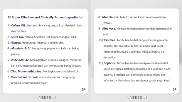 11 key ingredients Innertrue Acneficent