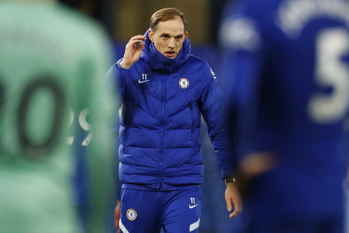 Chelseas head coach Thomas Tuchel reacts at the end of the English Premier League soccer match between Chelsea and Everton at the Stamford Bridge stadium in London, Monday, March 8, 2021. (John Sibley/Pool via AP)