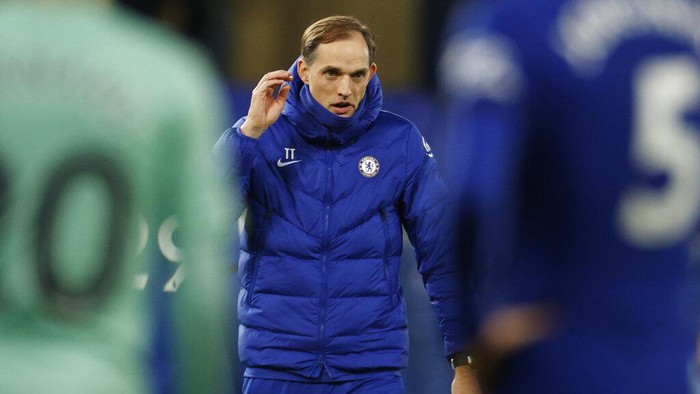 Chelseas head coach Thomas Tuchel reacts at the end of the English Premier League soccer match between Chelsea and Everton at the Stamford Bridge stadium in London, Monday, March 8, 2021. (John Sibley/Pool via AP)