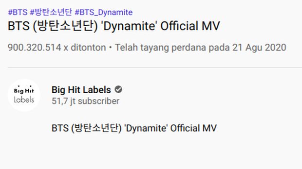 BTS 'Dynamite' Jadi MV Paling Cepat yang Raih 900 Juta Penonton