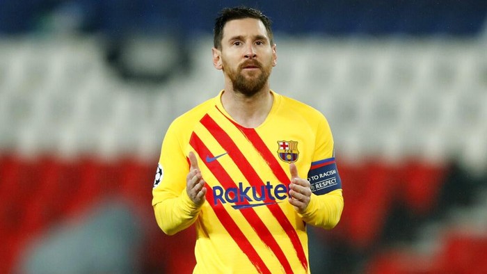 Barcelonas Lionel Messi reacts after a missed scoring opportunity during the Champions League, round of 16, second leg soccer match between Paris Saint-Germain and FC Barcelona at the Parc des Princes stadium in Paris, Wednesday, March 10, 2021. (AP Photo/Christophe Ena)