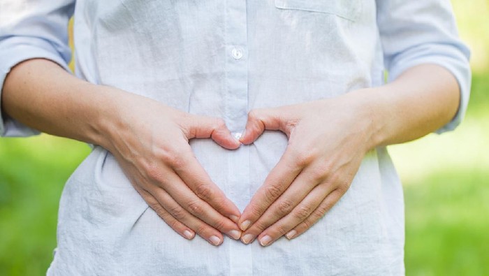 Ilustrasi hamil muda Close up picture of a pregnant woman showing a love sign on her belly in the first trimester, outdoor gejala hamil
